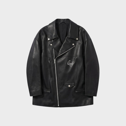 Tasoni black leather blouson jacket with a silver zipper and embroidered 'Cindy' detail on the chest.