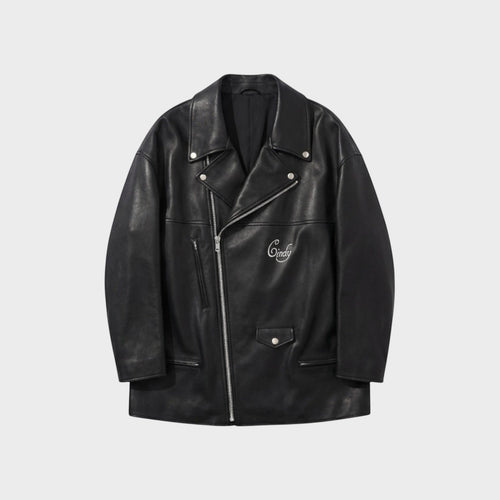 Tasoni black leather blouson jacket with a silver zipper and embroidered 'Cindy' detail on the chest.