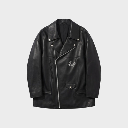 Tasoni black leather blouson jacket with a silver zipper and embroidered 'Cindy' detail on the chest.
