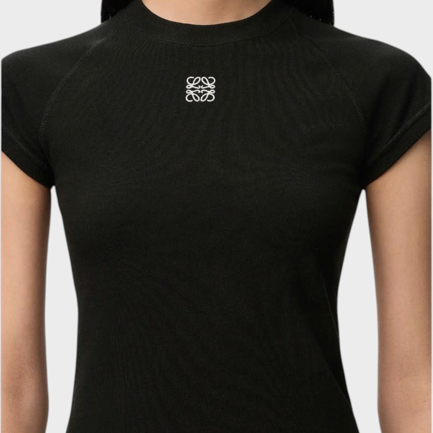 Tasoni black short-sleeve t-shirt with mock neck and embroidered Loewe logo on chest.