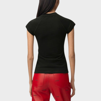 Tasoni black short-sleeve t-shirt with mock neck, worn by a woman.