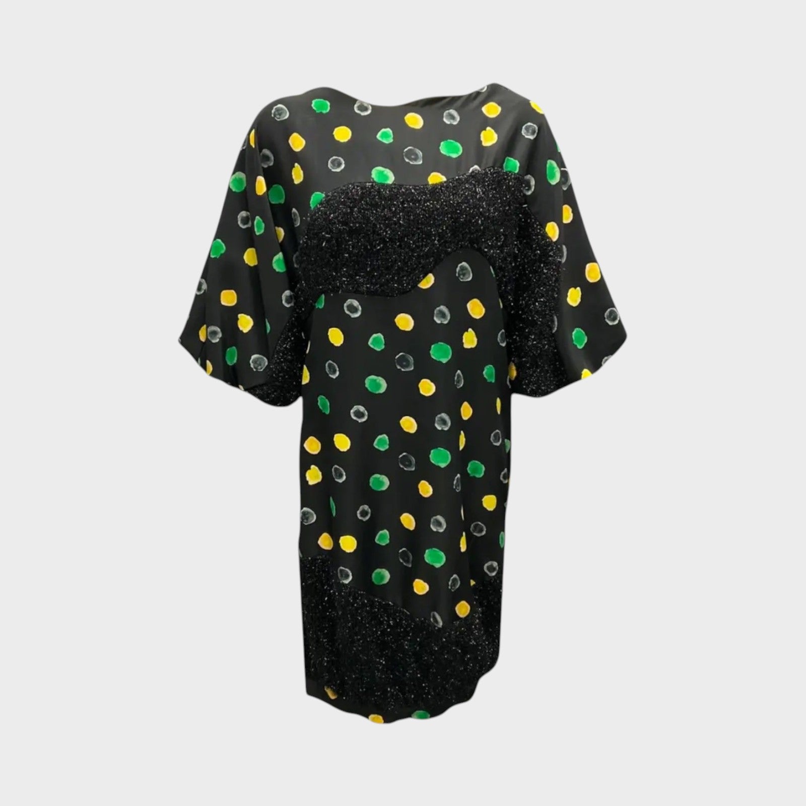 Tasoni black mini dress with yellow and green polka dots, crew neck, short sleeves, and textured black panels.