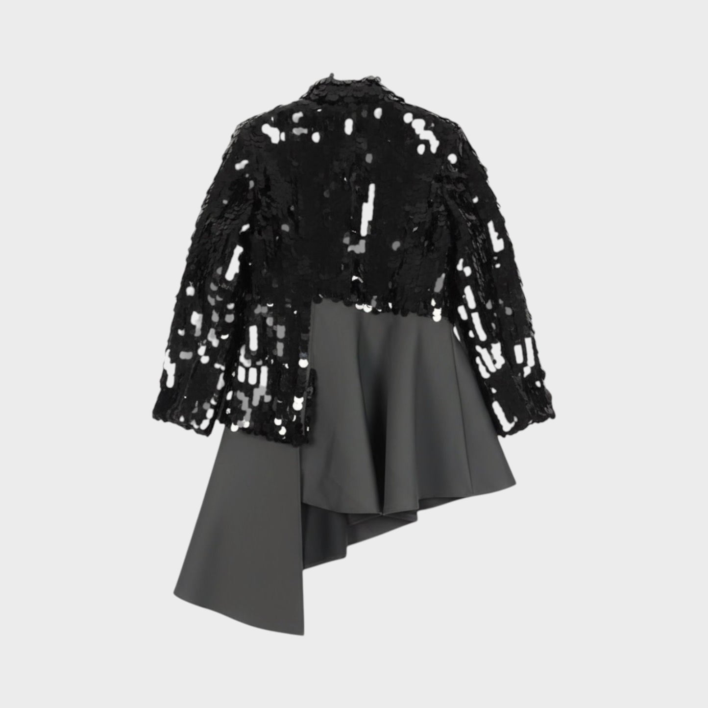 Tasoni black sequin asymmetric coat with grey draped skirt detail.