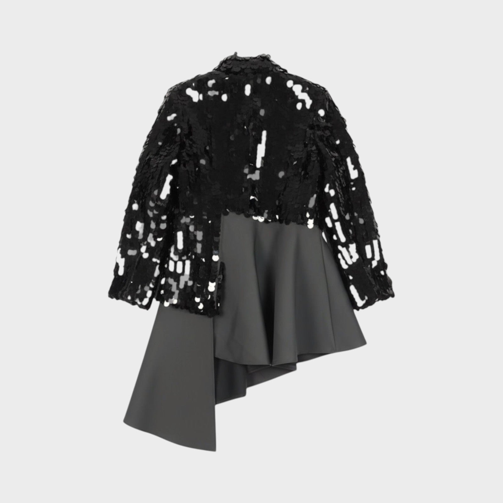 Tasoni black sequin asymmetric coat with grey draped skirt detail.