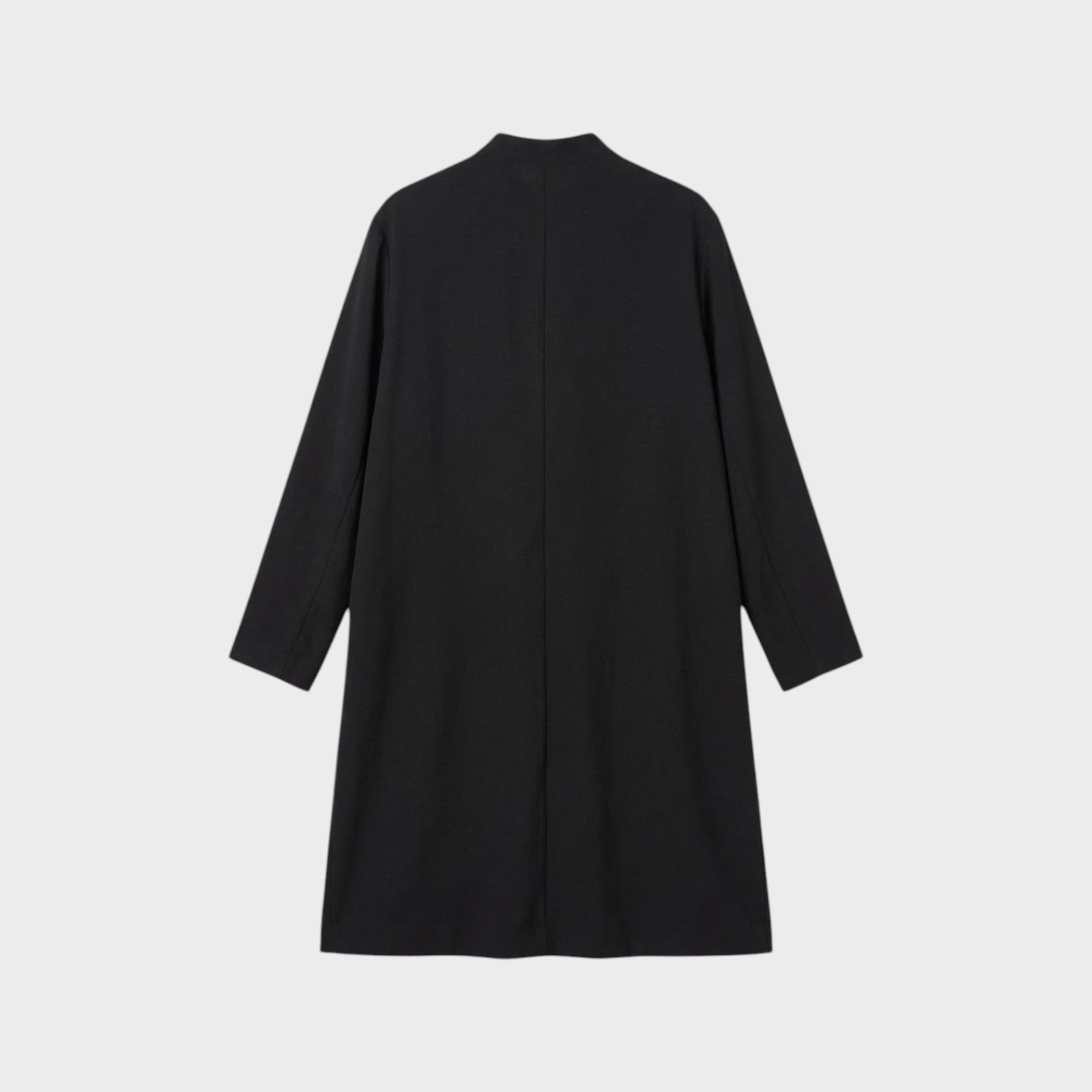 Tasoni black wool asymmetric collarless button up coat with Dracula motive