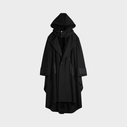 Tasoni black wool hooded coat with faux fur lining and unique panel details.