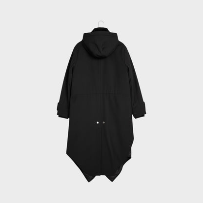 Tasoni black wool hooded coat with a drawstring waist and asymmetric hem.