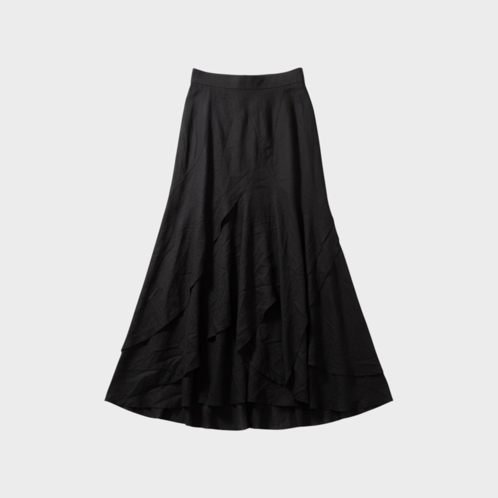 Tasoni black wool blend A-line maxi skirt with layered panel detail and high rise waist.