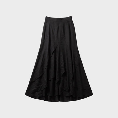 Tasoni black wool blend A-line maxi skirt with layered panel detail and high rise waist.