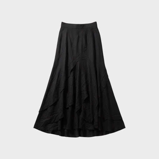Tasoni black wool blend A-line maxi skirt with layered panel detail and high rise waist.