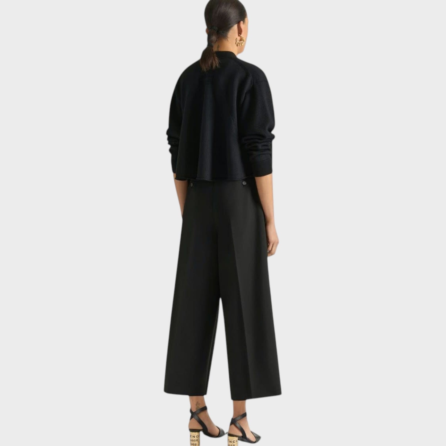 Tasoni black wool and linen V-neck cardigan with patch pockets and cropped hem.