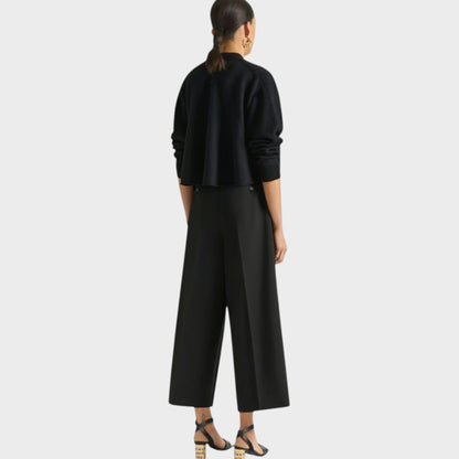 Tasoni black wool and linen V-neck cardigan with patch pockets and cropped hem.