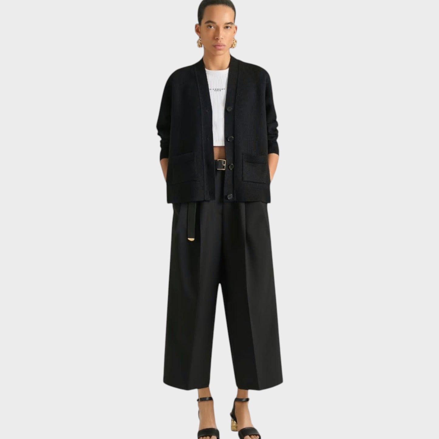 Tasoni black wool & linen V-neck cardigan with patch pockets and button front closure.