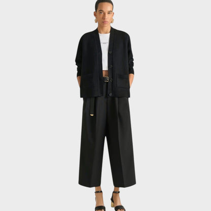 Tasoni black wool & linen V-neck cardigan with patch pockets and button front closure.