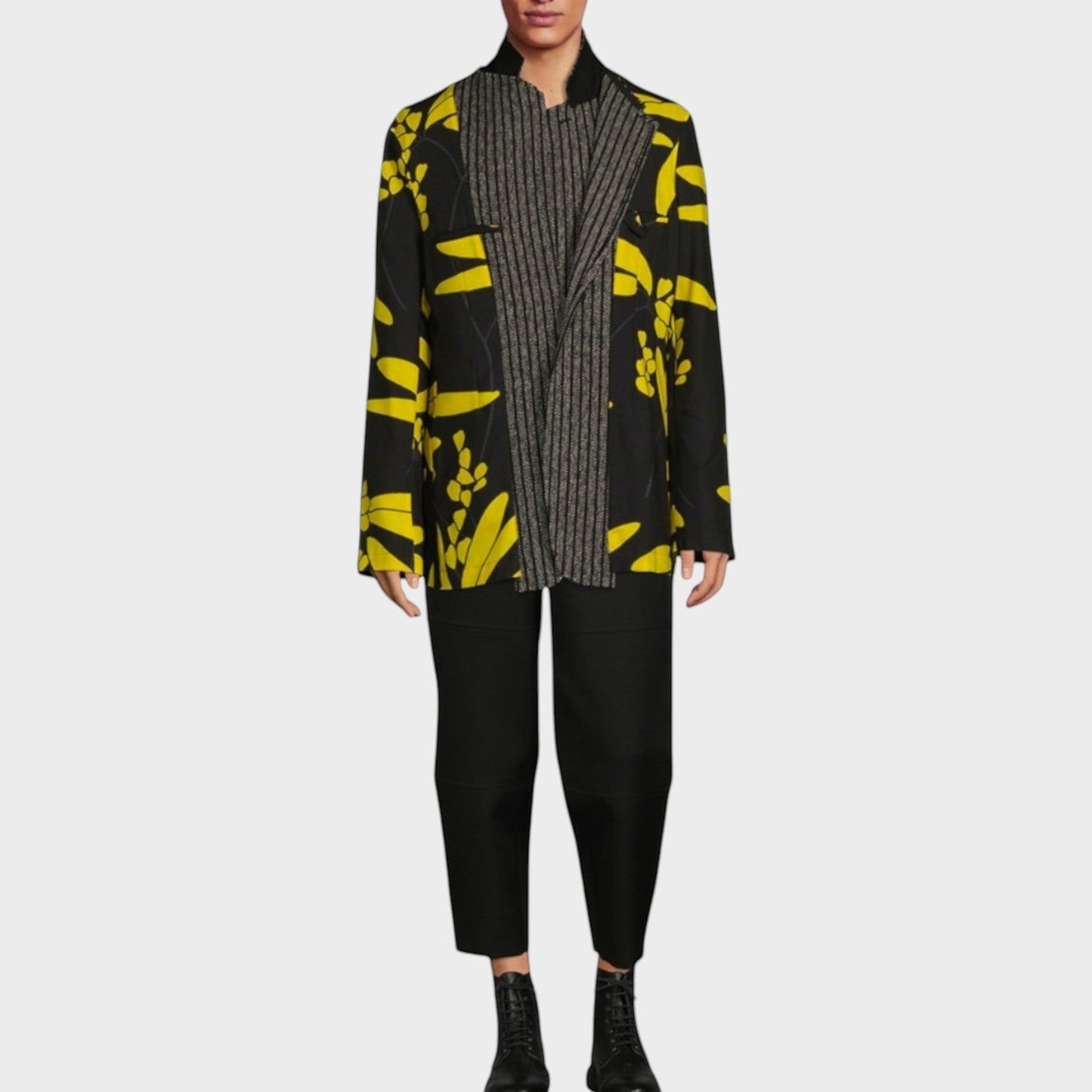 Tasoni black wool mix jacket with yellow floral print and layered grey striped detail