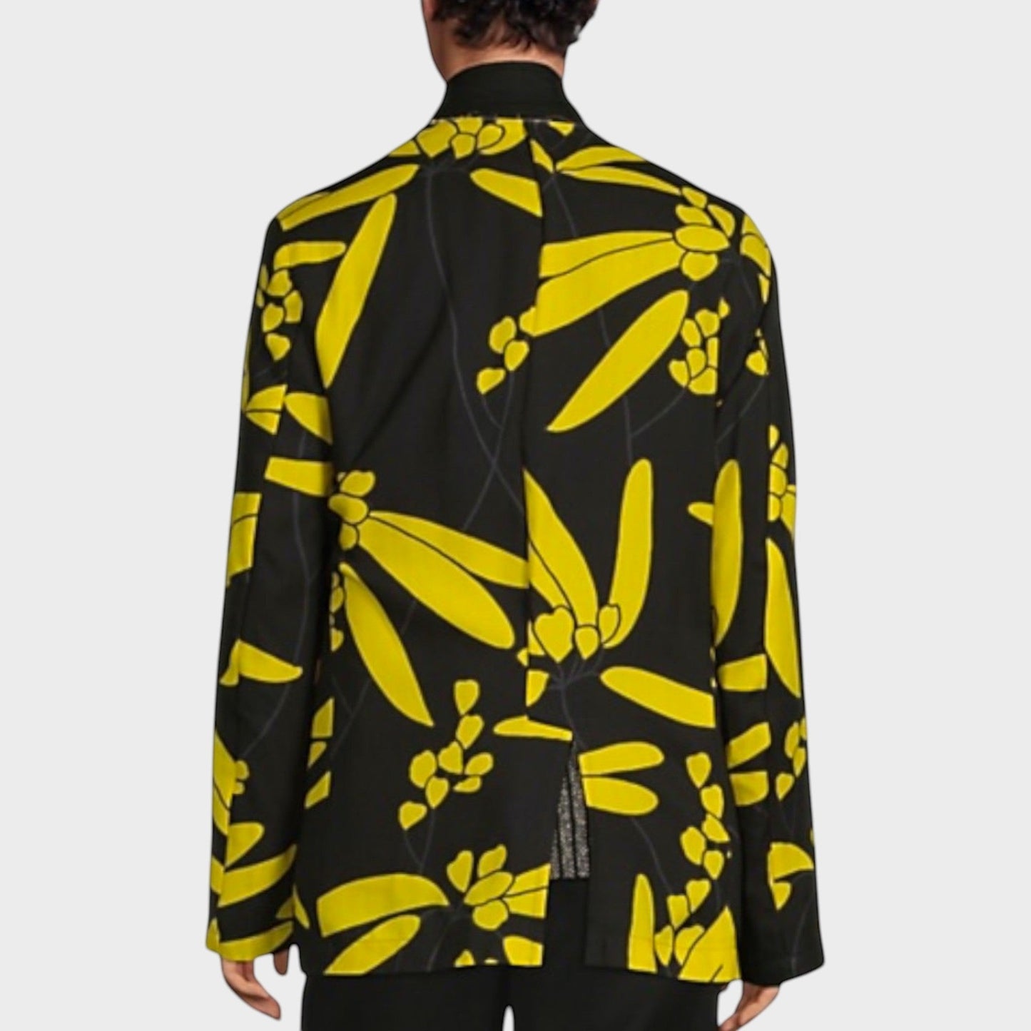 Tasoni black wool mix jacket with bold yellow floral print and layered overhead design.
