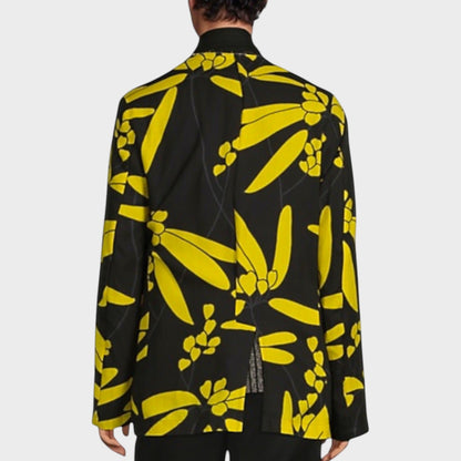 Tasoni black wool mix jacket with bold yellow floral print and layered overhead design.