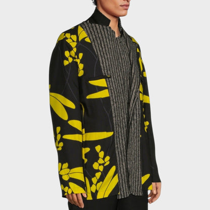 Tasoni black wool mix jacket with yellow floral print and grey striped panel. Men's fashion.