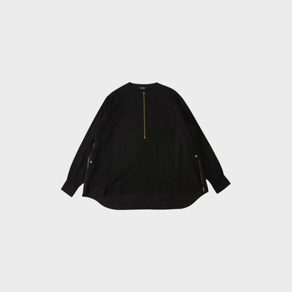 Tasoni black long-sleeve zip-up overshirt with gold zipper detail on the front and sides.
