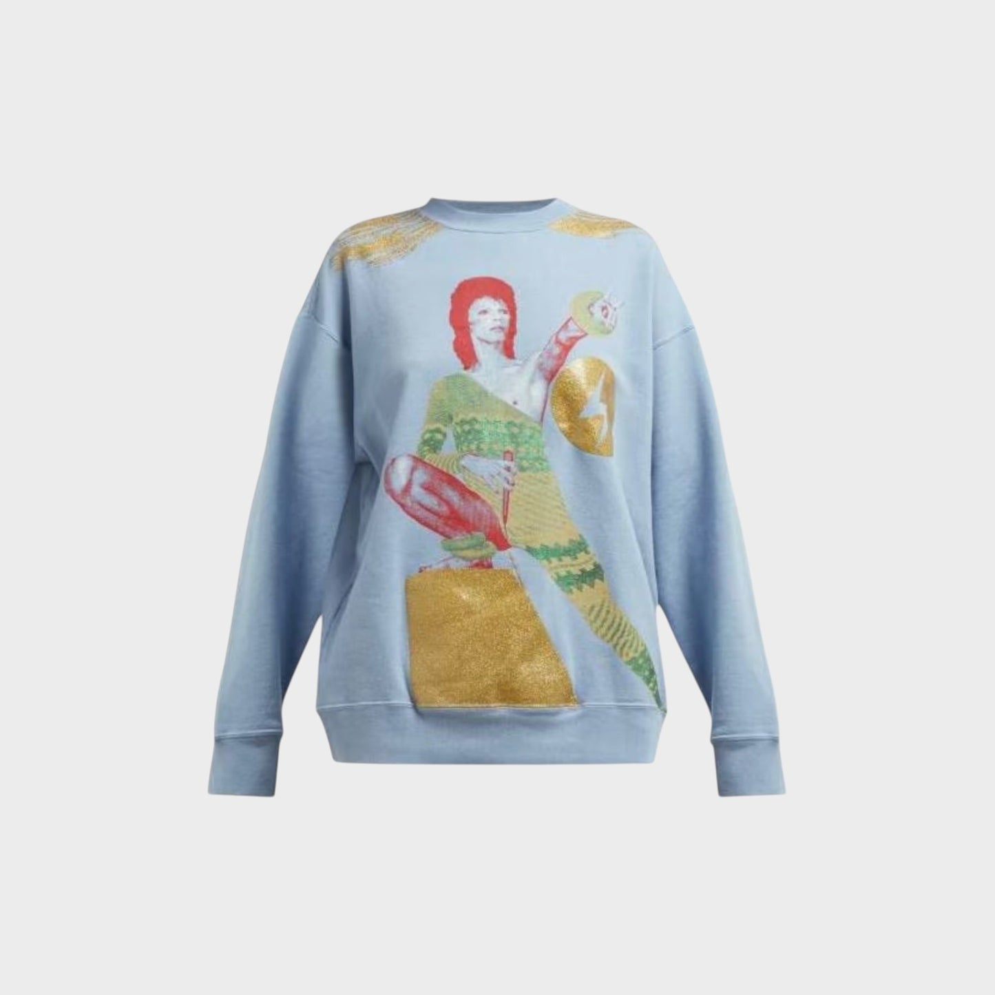 Tasoni light blue cotton crewneck sweatshirt with a graphic print of David Bowie in a gold and green outfit, gold accents on shoulders.
