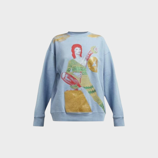 Tasoni light blue cotton crewneck sweatshirt with a graphic print of David Bowie in a gold and green outfit, gold accents on shoulders.