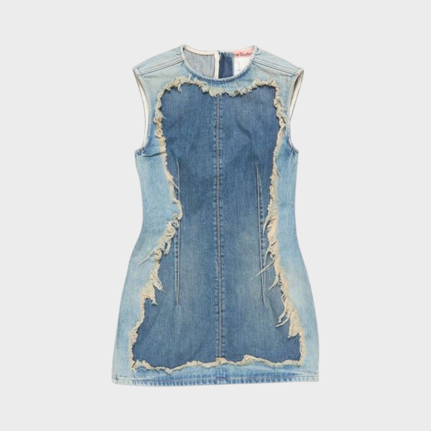 Tasoni Acne Studio blue denim crew neck sleeveless mini dress with distressed edges and panel detailing.