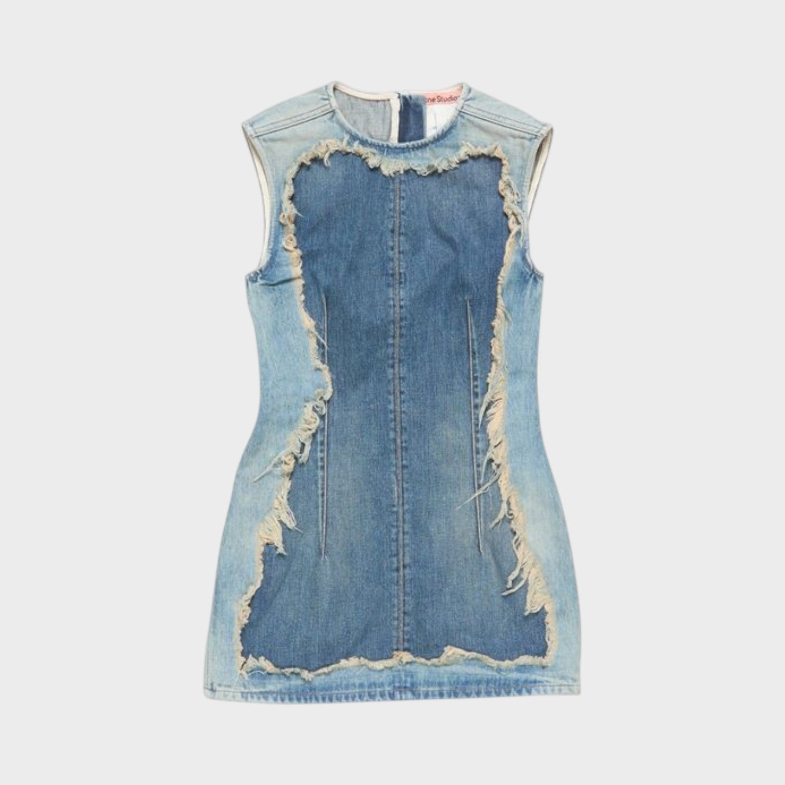 Tasoni Acne Studio blue denim crew neck sleeveless mini dress with distressed edges and panel detailing.