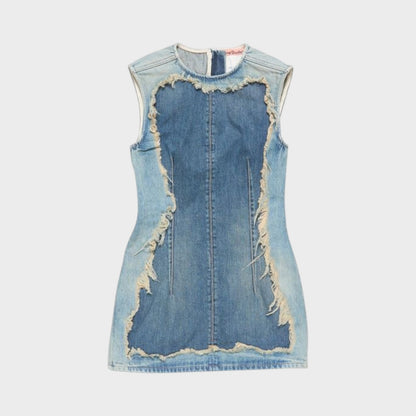 Tasoni Acne Studio blue denim crew neck sleeveless mini dress with distressed edges and panel detailing.