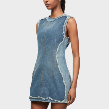 Tasoni mid blue denim crew neck sleeveless mini dress with frayed hem and distressed detailing.