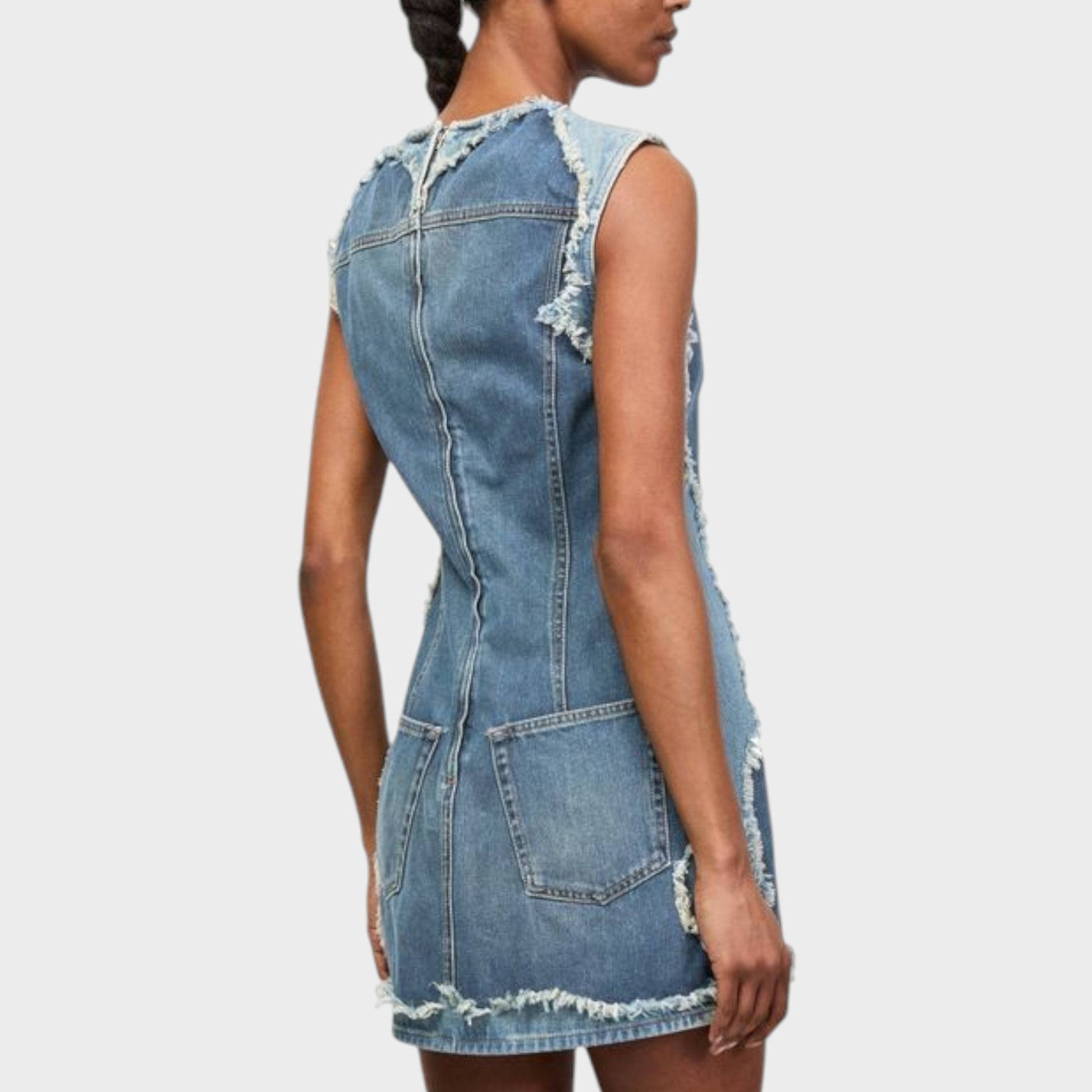 Tasoni mid blue denim crew neck sleeveless mini dress with frayed edges and back zipper.