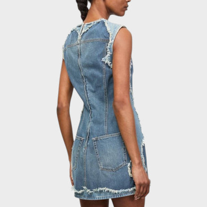 Tasoni mid blue denim crew neck sleeveless mini dress with frayed edges and back zipper.