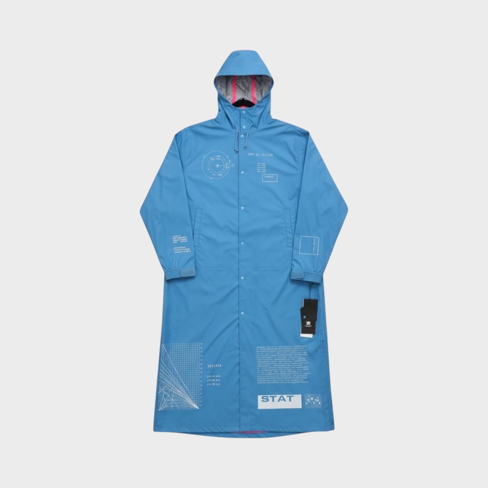 Tasoni sky blue hooded rain parka with graphic print details and pink lining.