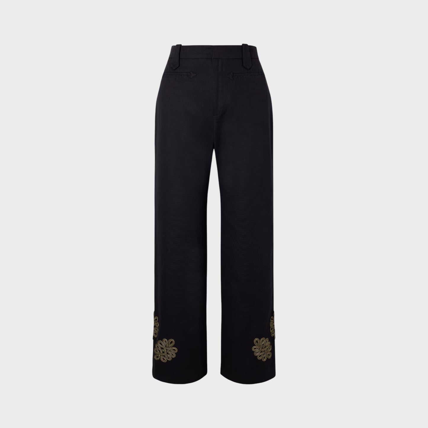 Tasoni Bode high-waisted black trousers with straight legs and gold embroidered floral detail on the cuffs.