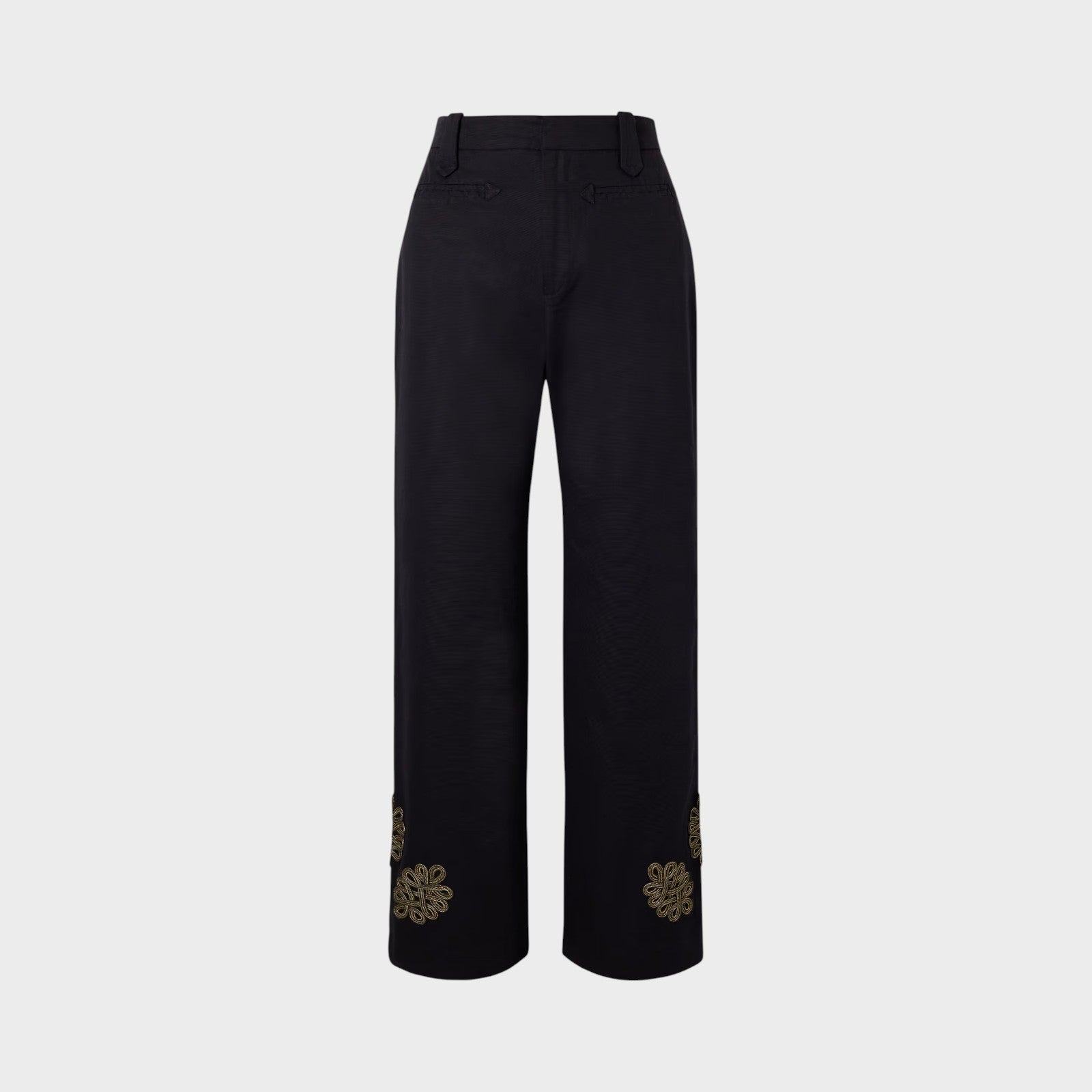 Tasoni Bode high-waisted black trousers with straight legs and gold embroidered floral detail on the cuffs.