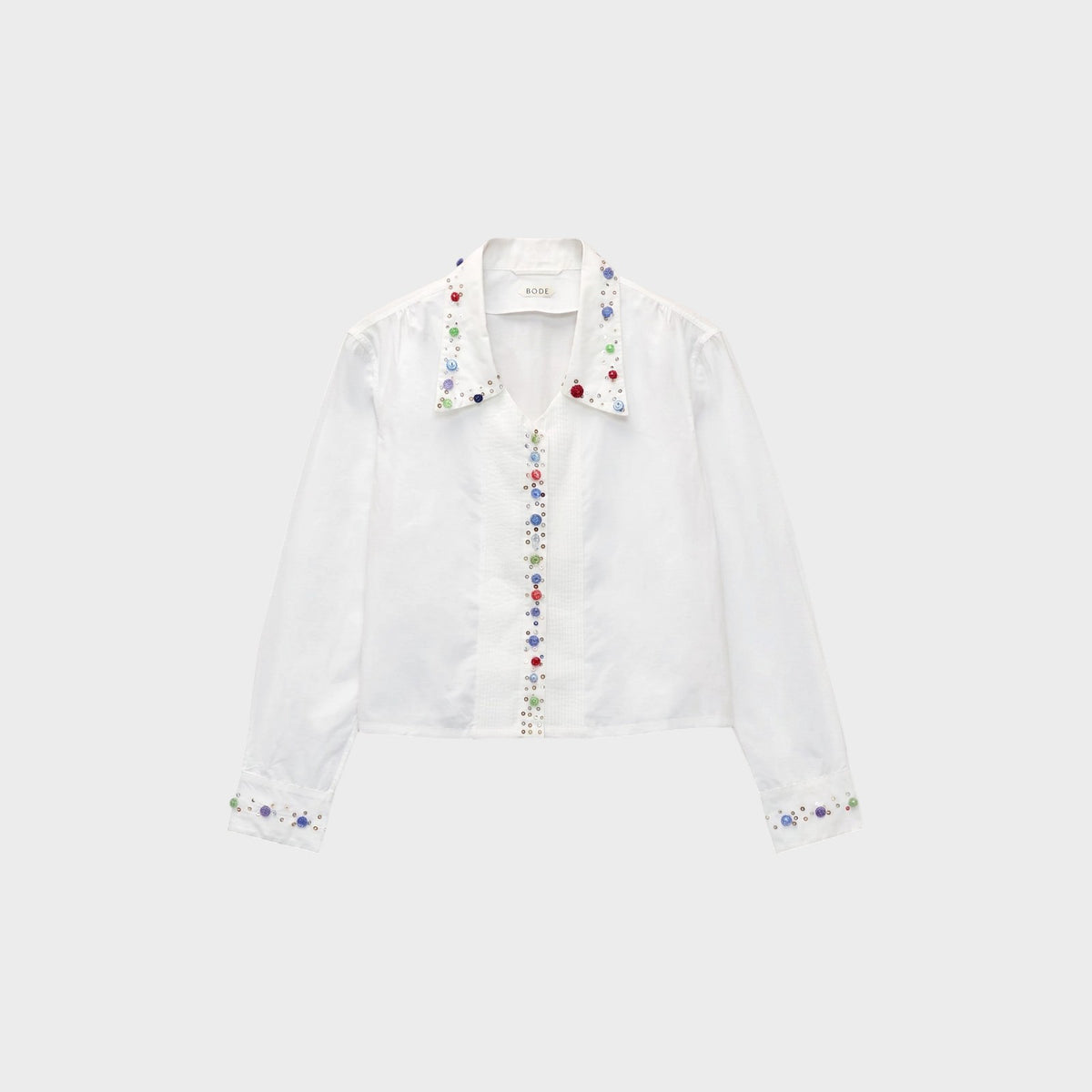 Tasoni Bode white cotton voile shirt featuring a unique placket and collar adorned with vintage multi-colored buttons
