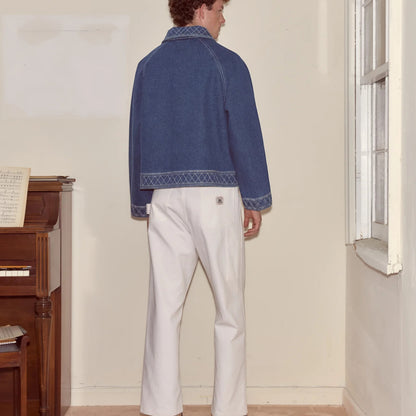 Tasoni Bode Jacket, indigo denim with geometric embroidery on collar and hem. Relaxed fit.