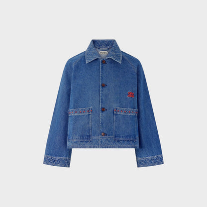 Tasoni Bode embroidered denim jacket in indigo blue with geometric pattern and red accents.
