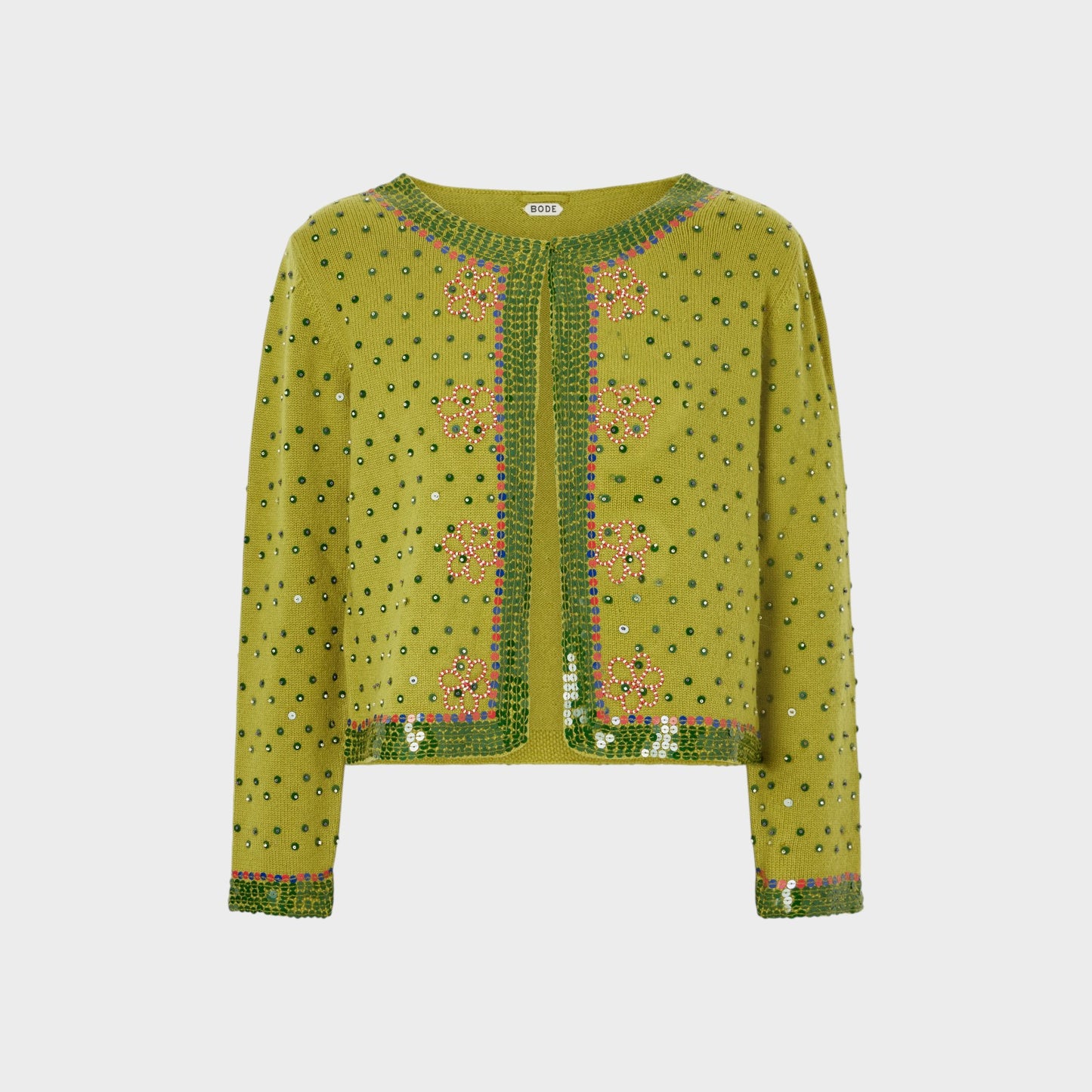Tasoni Bode green knit cardigan with fairy floss sequins and floral embroidery. Crew neck, long sleeves.