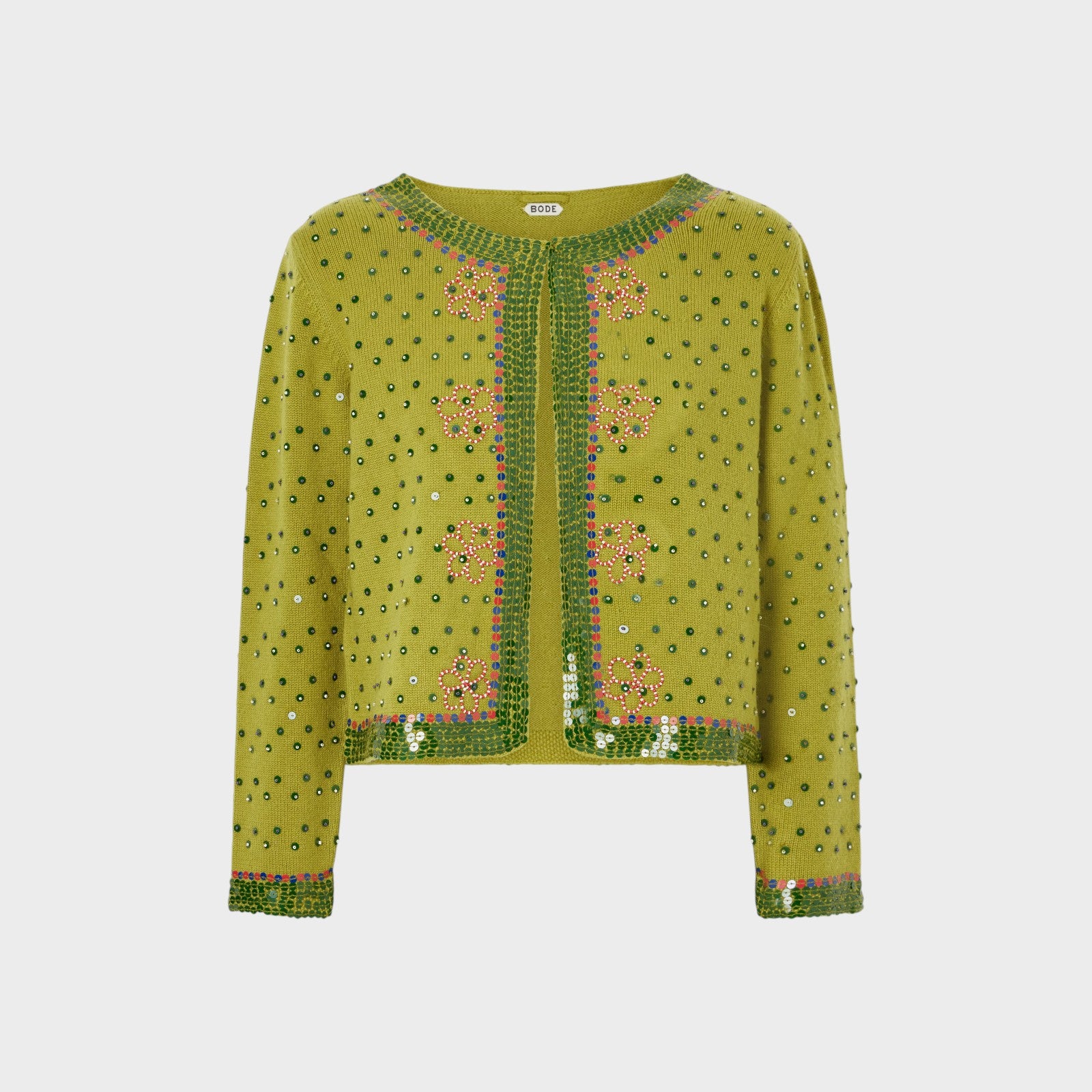 Tasoni Bode green knit cardigan with fairy floss sequins and floral embroidery. Crew neck, long sleeves.