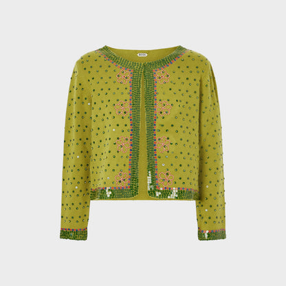 Tasoni Bode green knit cardigan with fairy floss sequins and floral embroidery. Crew neck, long sleeves.
