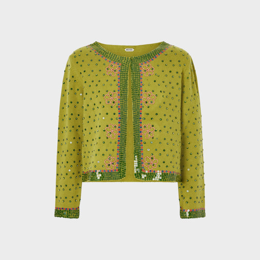 Tasoni Bode green knit cardigan with fairy floss sequins and floral embroidery. Crew neck, long sleeves.