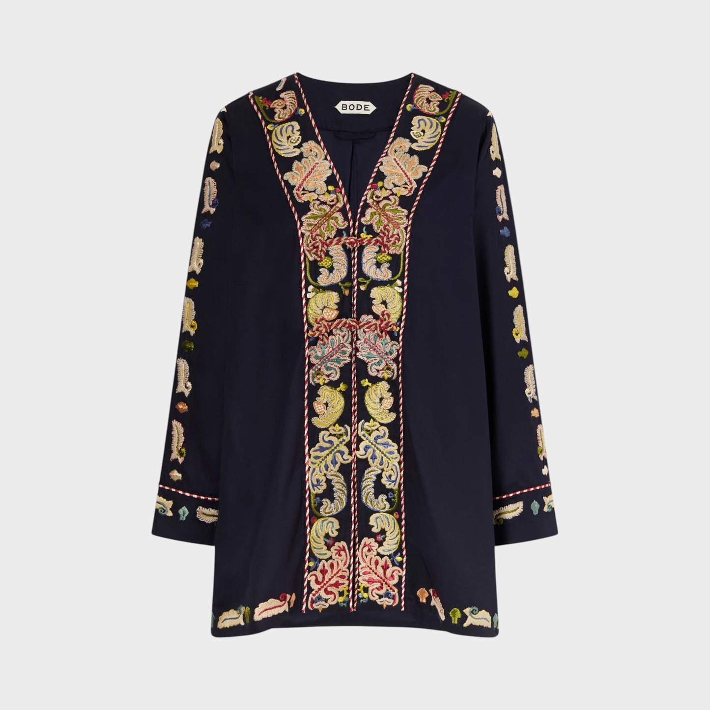 Tasoni Bode Jacket, navy blue, V-neck, long sleeve jacket with intricate multi-color embroidery and feather details.