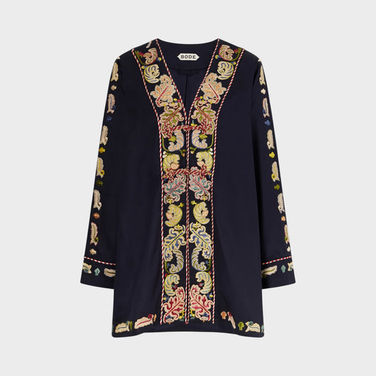 Tasoni Bode Jacket, navy blue, V-neck, long sleeve jacket with intricate multi-color embroidery and feather details.
