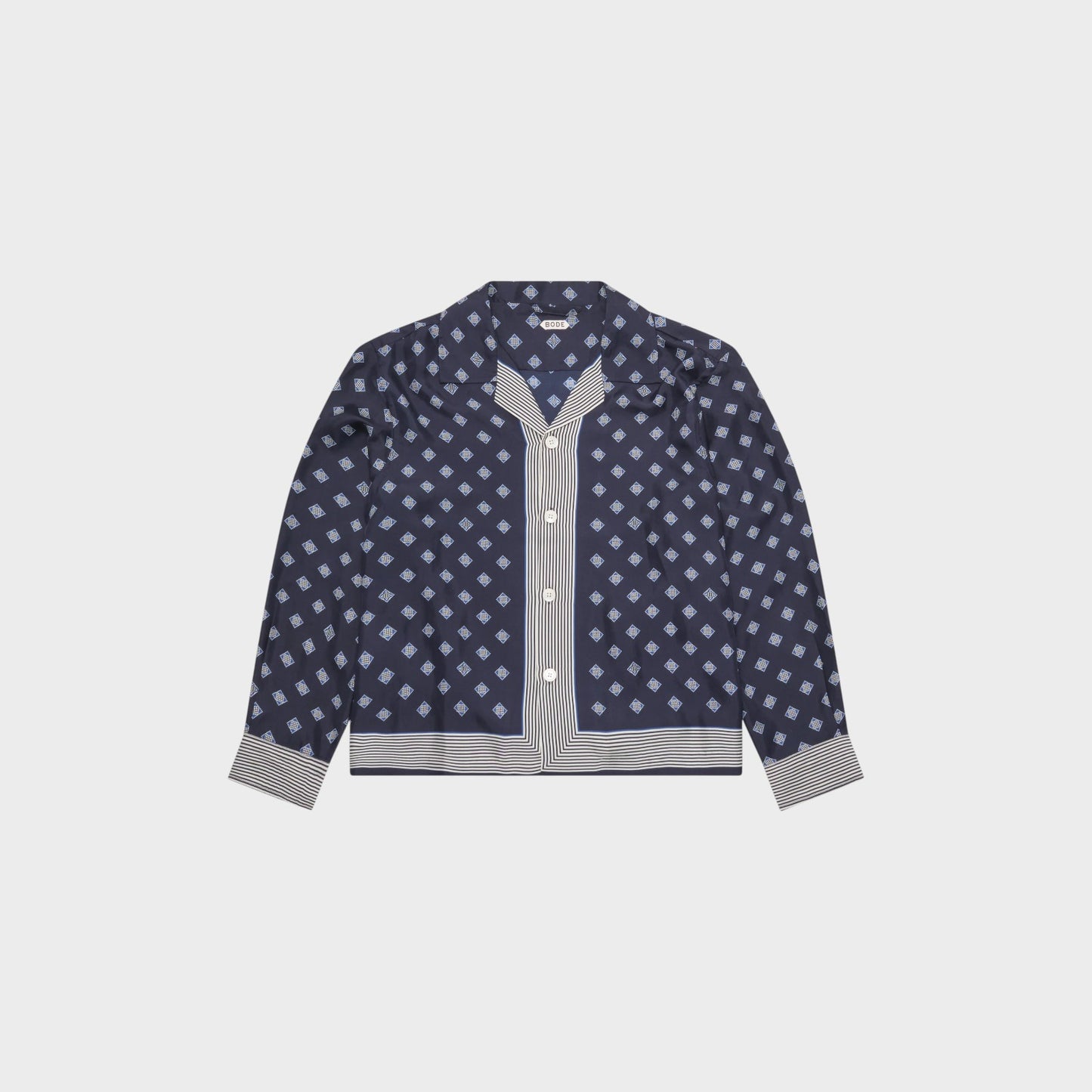 Tasoni Bode long sleeve shirt in navy blue with a diamond pattern and striped trim. Features a camp collar and button front.