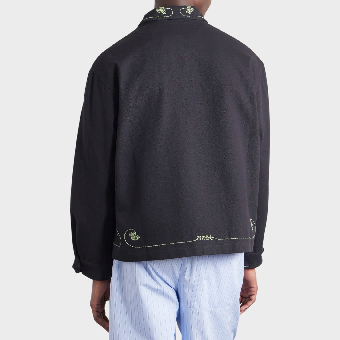 Tasoni Bode Lucky Draw Embroidered Jacket in black with light green embroidery on collar and hem.