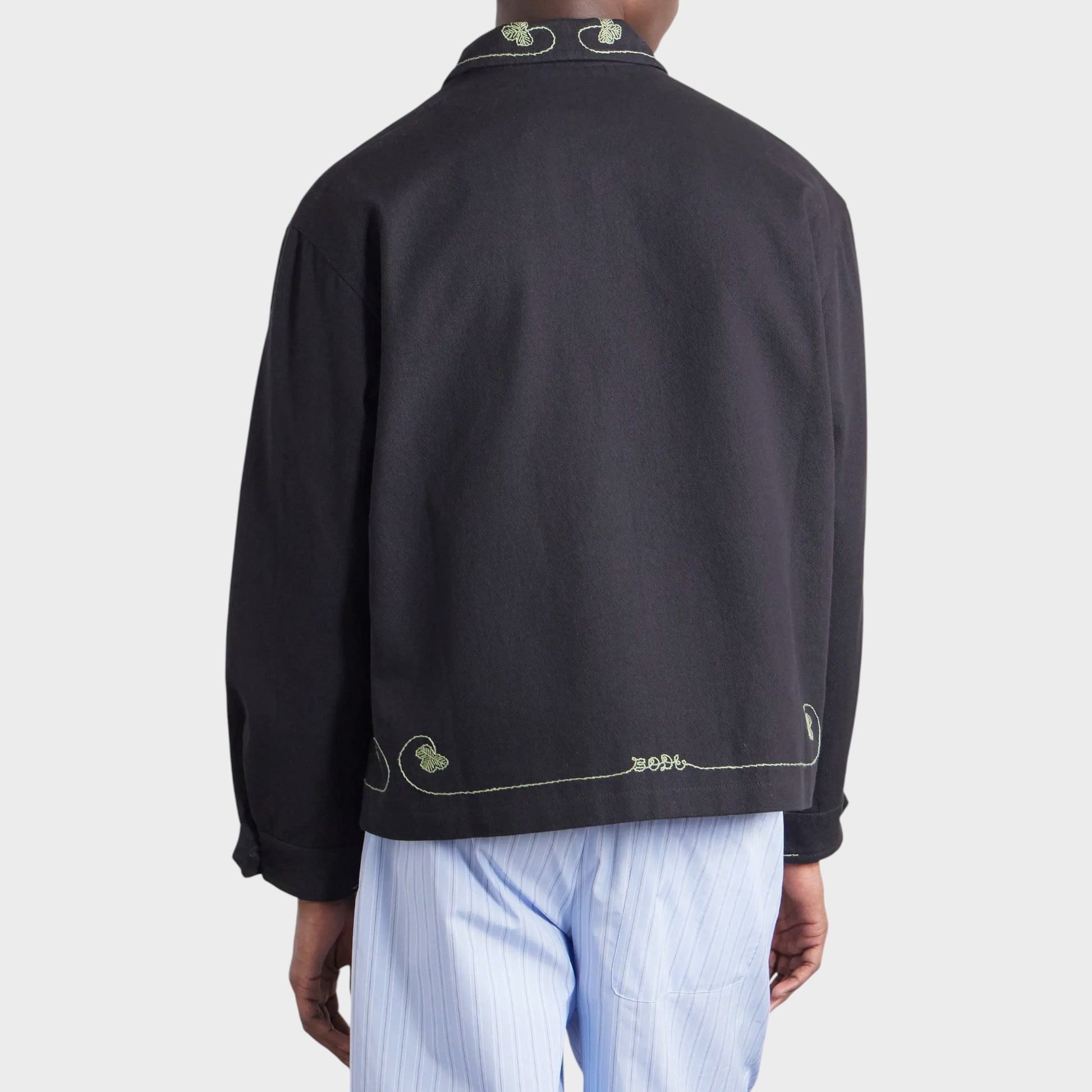 Tasoni Bode Lucky Draw Embroidered Jacket in black with light green embroidery on collar and hem.