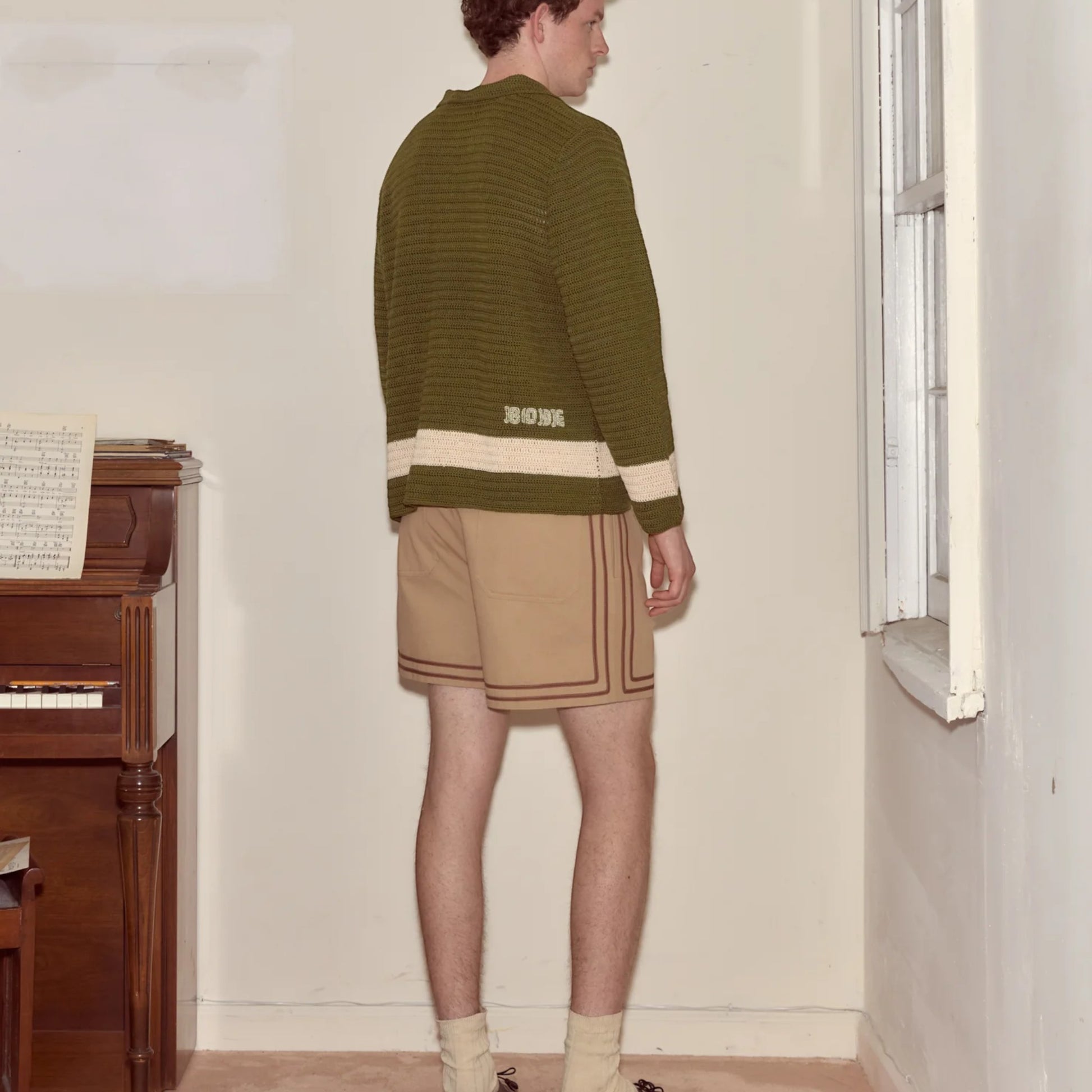 Tasoni Bode Marsh Crochet Long Sleeve Shirt in green and cream with horizontal stripe detail and embroidered logo.