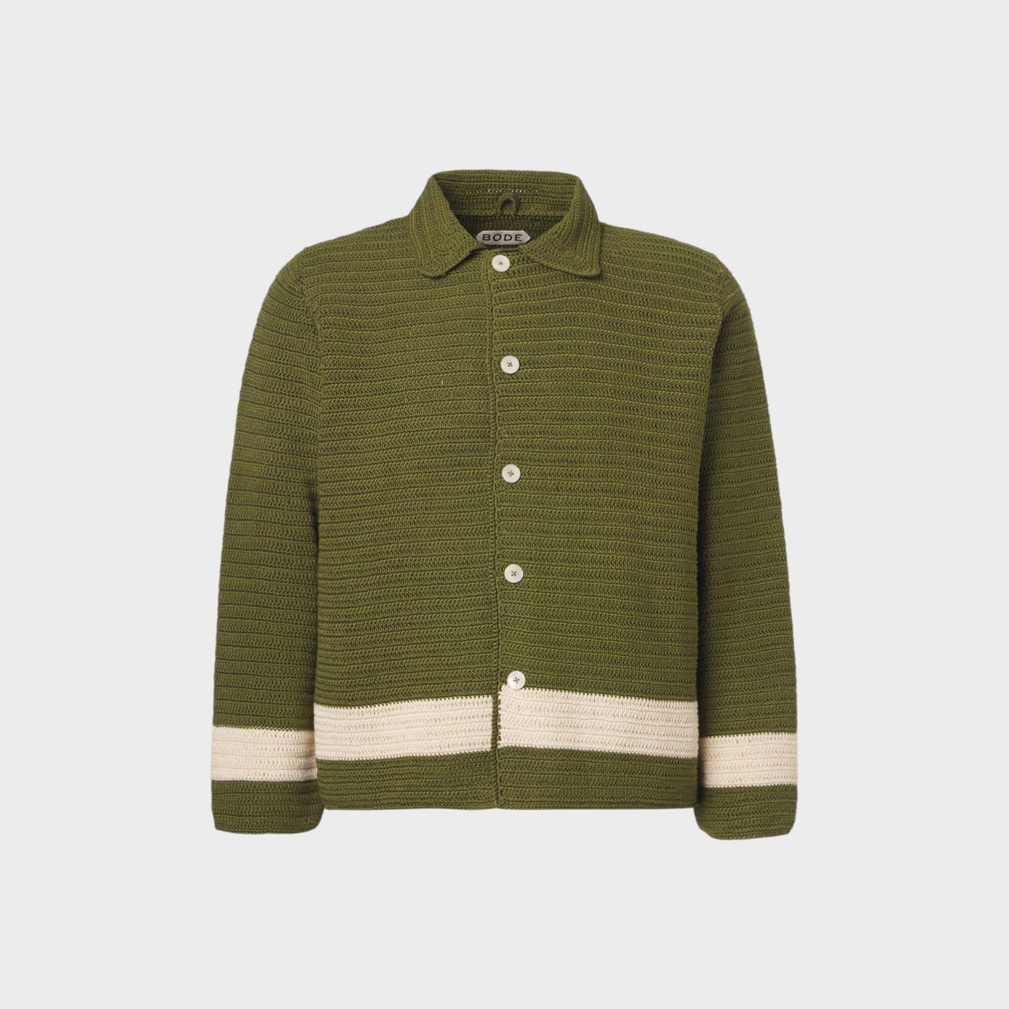 Tasoni Bode Marsh Crochet Long Sleeve Shirt in green with cream stripe detail. Button front, collared.