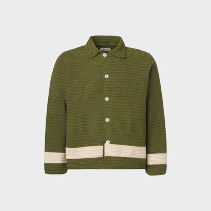 Tasoni Bode Marsh Crochet Long Sleeve Shirt in green with cream stripe detail. Button front, collared.