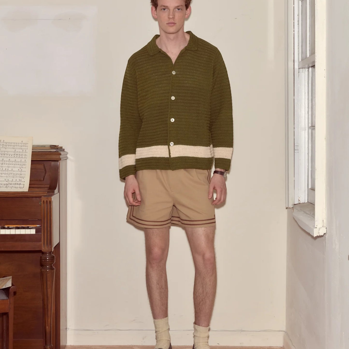 Tasoni Bode Marsh Crochet Long Sleeve Shirt in green and cream with white stripe detail.